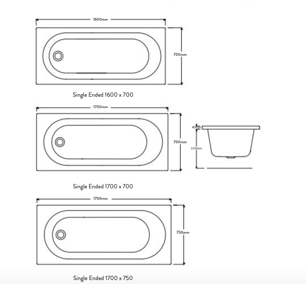Round Single Ended Acrylic Bath 1600 x 700mm