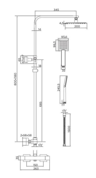 Elliot Brushed Brass Square Rigid Riser Shower Kit