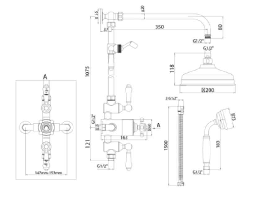 Traditional Chrome Rigid Riser Shower with Fixed Head and Handset