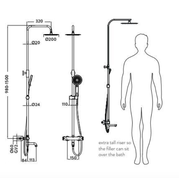 Solar Chrome Rigid Riser Shower with Bath Filler