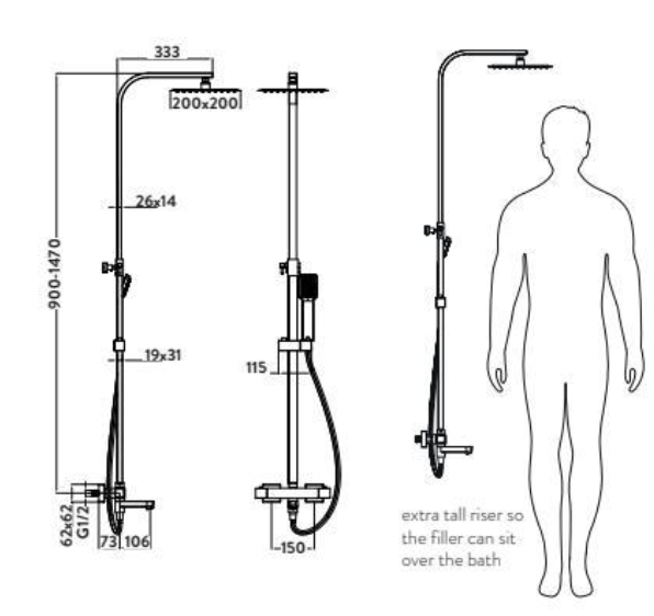 Block Chrome Rigid Riser Shower with Bath Filler
