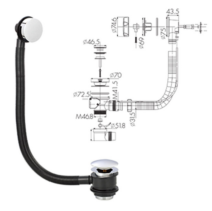 Scud Square Bath Waste with Overflow