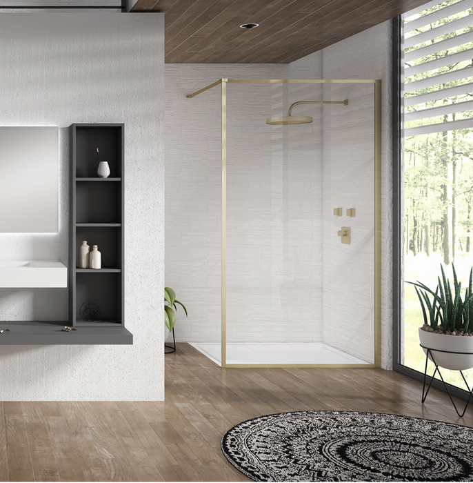 Velar+ Brushed Brass Walk In Panel 1200mm with Stabilising Bar
