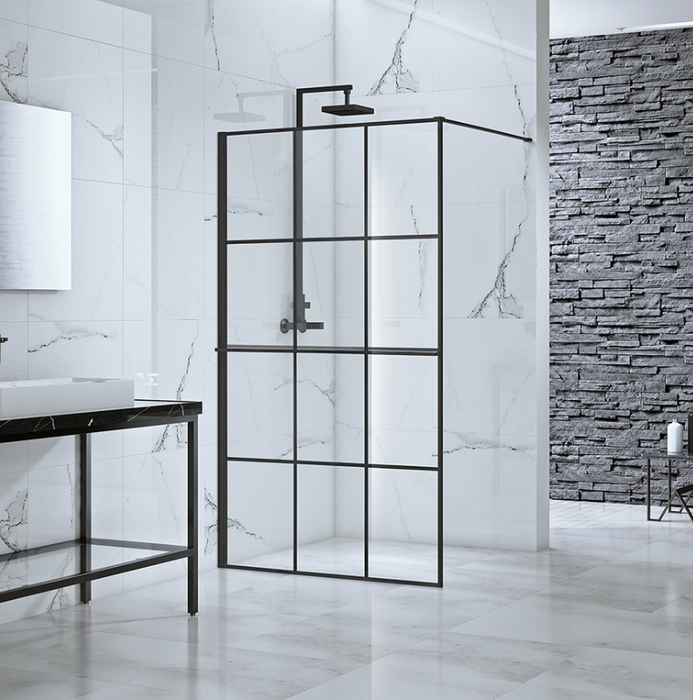 Velar+ Frame Matt Black Walk In Panel 900mm with Stabilising Bar and Towel Rail