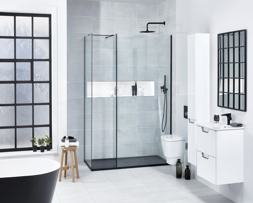 Onyx L-Shaped Black 8mm Walk In Panel 1000mm with Support Arm