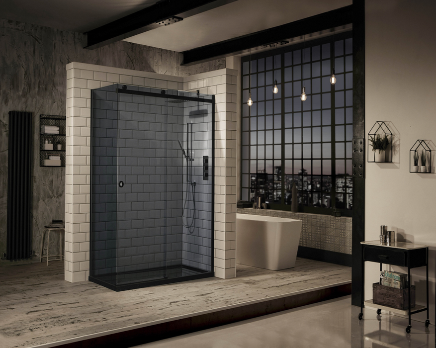 Sphere Matt Black Tinted Sliding Door Shower Enclosure 1400mm