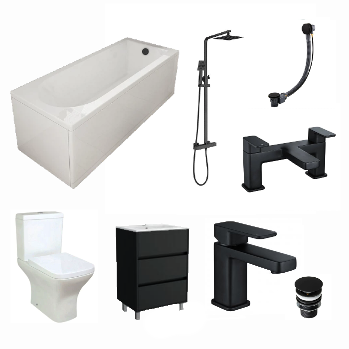 Optim Noir 1700 Single Ended Bath Square Bathroom Suite - Matt Black