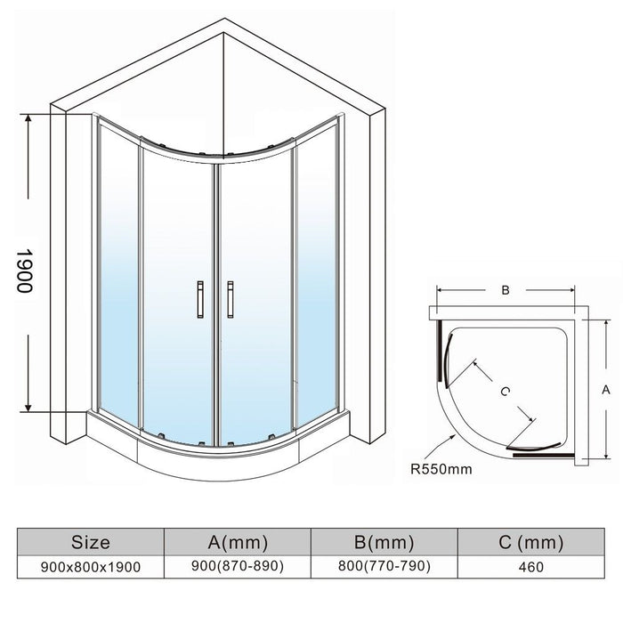 Elle 900 X 800mm Reversible Offset Shower Enclosure 8mm Easy Clean Nano Glass Shower Cubicle