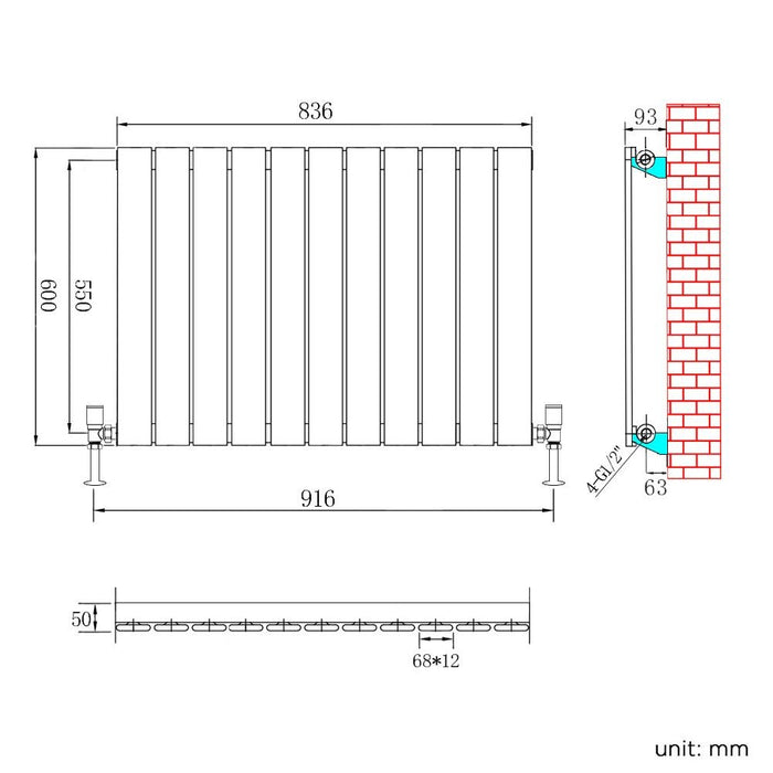 Elle 600X836mm White Horizontal Designer Single Column Flat Panel Radiator