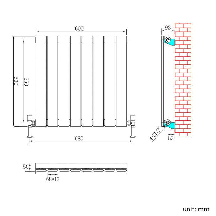 Elle 600 x 600mm Anthracite Single Flat Panel Horizontal Designer Grey Column Radiator