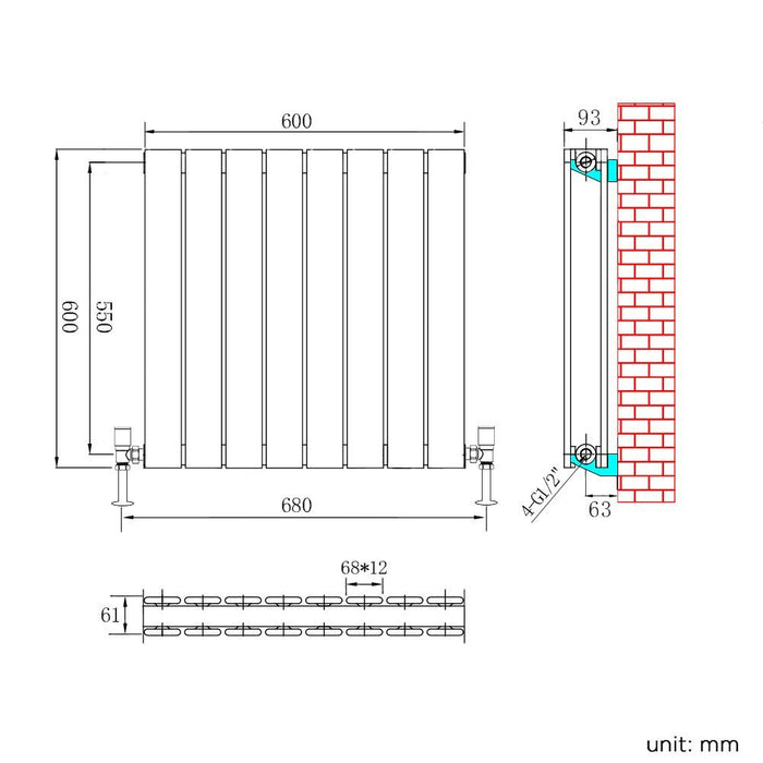 Elle 600 x 600mm Anthracite Double Flat Panel Horizontal Designer Grey Column Radiator