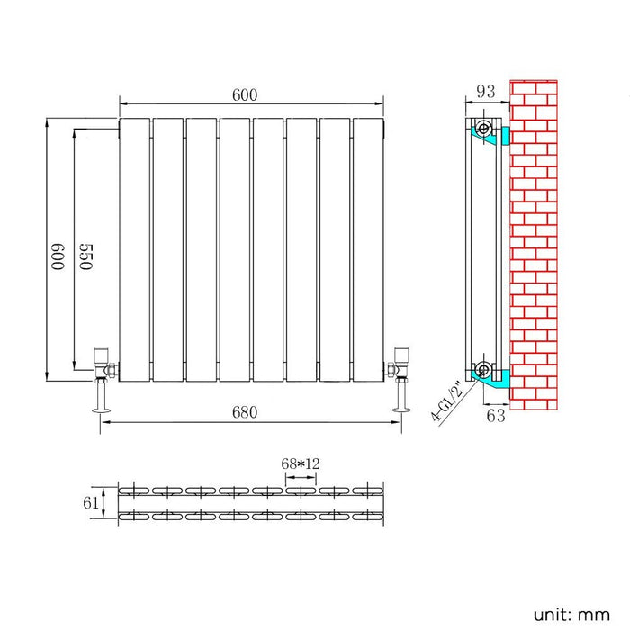 Elle 600 x 600mm White Double Elegant Horizontal Designer Column Flat Panel Radiator