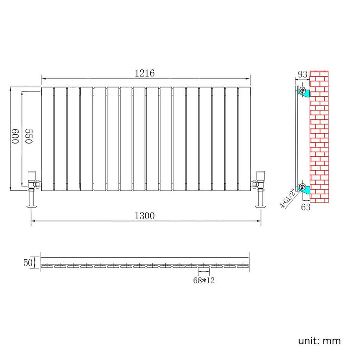 Elle 600 x 1210mm White Single Flat Panel Horizontal Designer Column Radiator