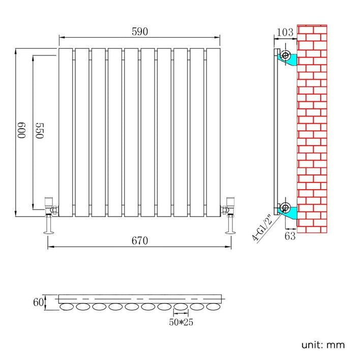 Elle 600 x 590mm White Modern Design Single Oval Panel Horizontal Radiator