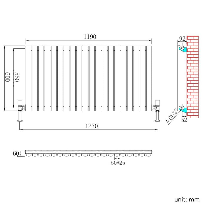 Elle 600x1190mm Single White Modern Design Oval Panel Horizontal Radiator