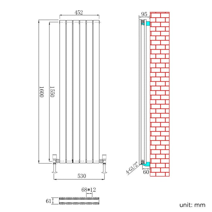 Elle 1600 x 452mm Vertical Column Designer Double White Flat Panel Radiator