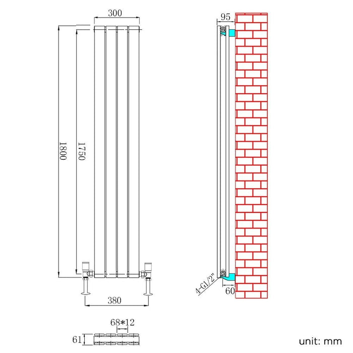 Elle 1800 x 300mm Vertical Column Double Flat Panel Designer Anthracite Radiator