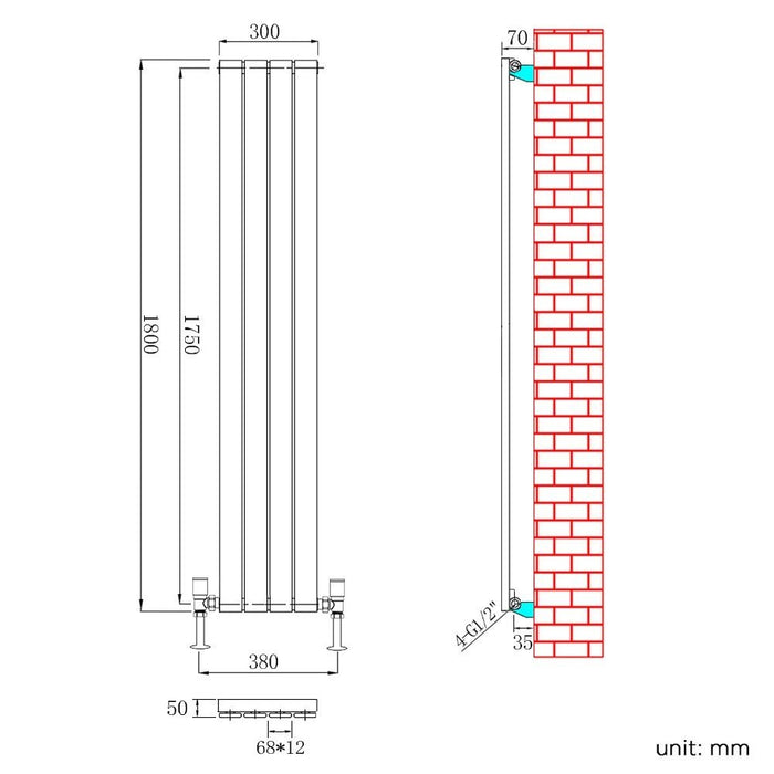 Elle 1800 x 300mm Vertical Column Single Flat Panel Designer Anthracite Radiator