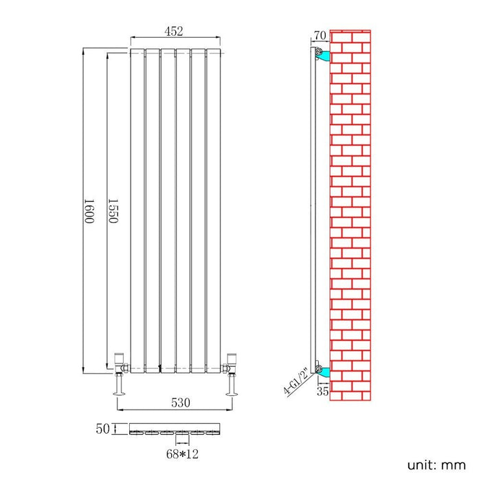 Elle 1600 x 452mm Vertical Column Designer Single White Flat Panel Radiator