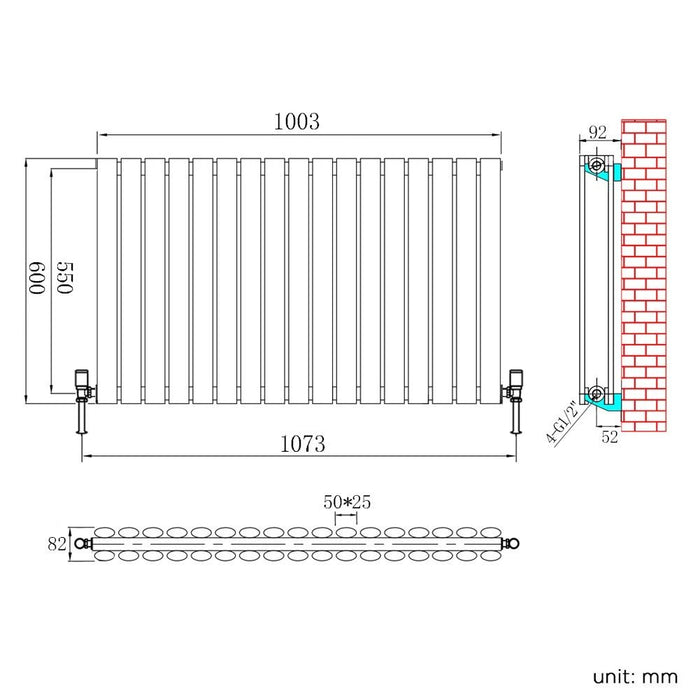 Elle 600x1003mm Double Anthracite Modern Design Grey Oval Panel Horizontal Radiator