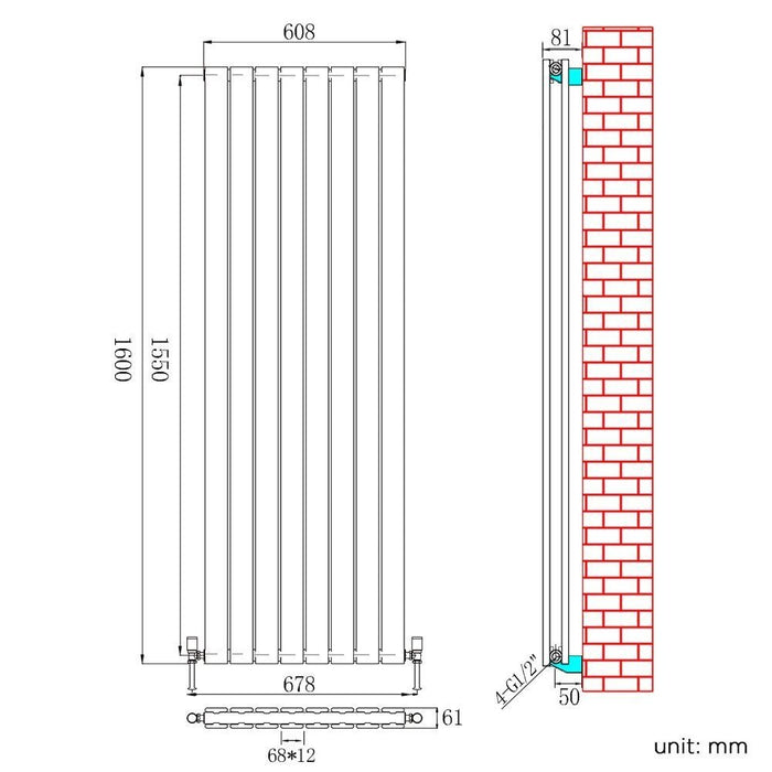 Elle 1600 x 608mm Vertical Column Designer Double Anthracite Flat Panel Radiator