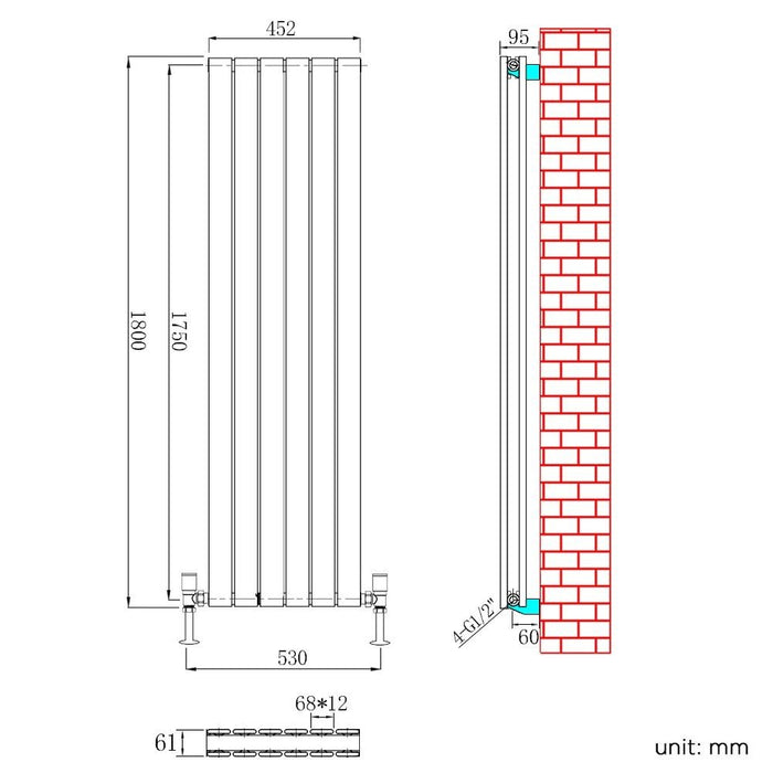 Elle 1800 x 452mm Vertical Designer Anthracite Double Radiator Column Tall Upright Central Heating Radiator