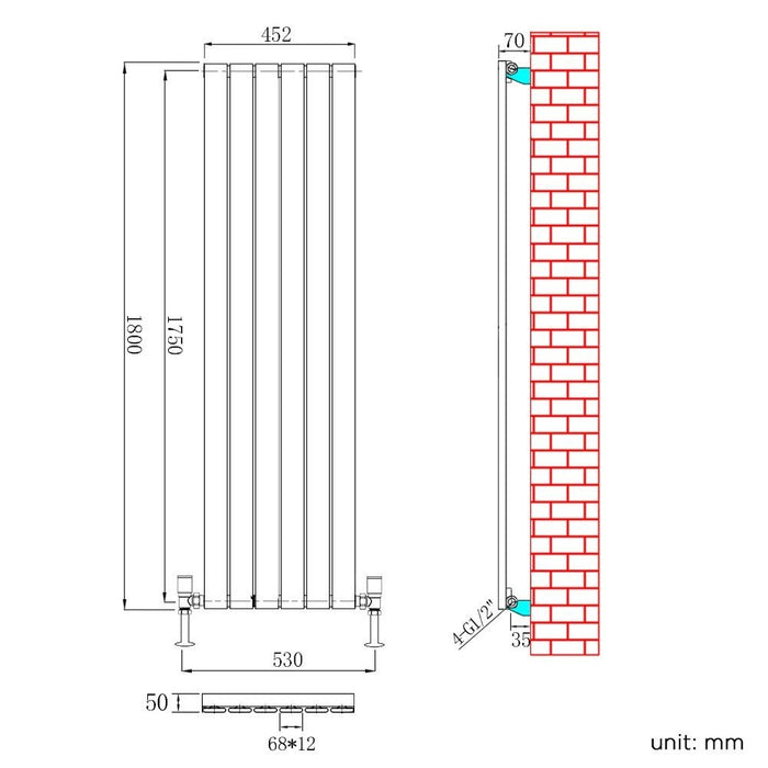 Elle 1800 x 452mm Vertical Designer Anthracite Single Radiator Column Tall Upright Central Heating Radiator