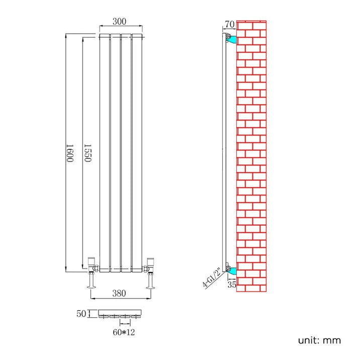 Elle 1600 x 300mm Vertical Designer Single White Flat Panel Column Radiator