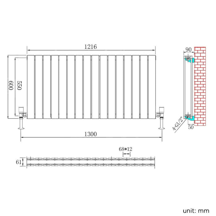 Elle 600 x 1210mm Anthracite Double Flat Panel Horizontal Designer Grey Column Radiator