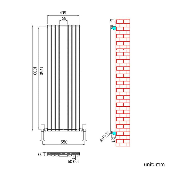 Elle White 1800x500mm Vertical Oval Single Panel Mirror Radiator
