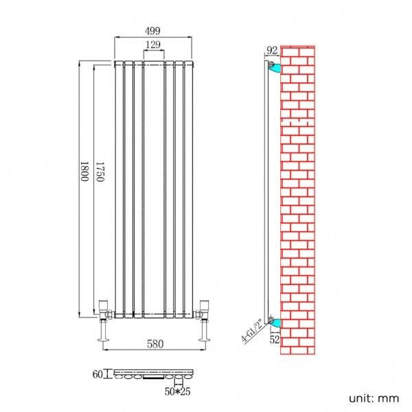 Elle Anthracite 1800x500mm Vertical Oval Panel Mirror Radiator