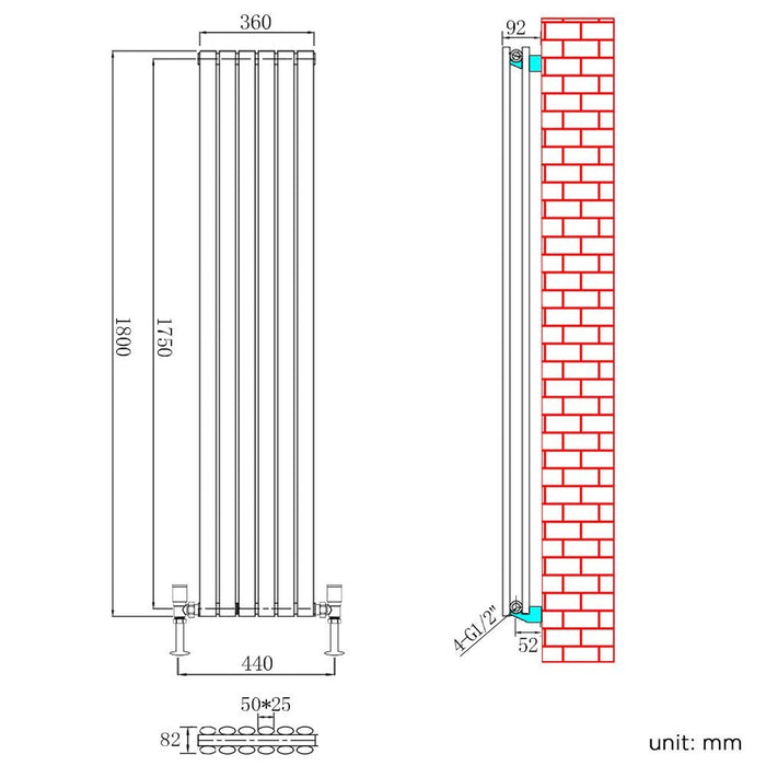 Elle 1800x360 Anthracite Oval Double Panel Slim Designer Radiator Vertical Grey Radiator