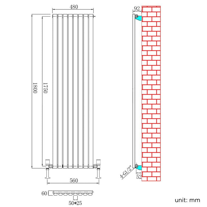 Elle 1800x480mm Anthracite Oval Single Panel Designer Radiator Vertical Grey Radiator