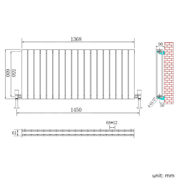 Elle 600 x 1360mm White Double Flat Panel Horizontal Designer Column Radiator