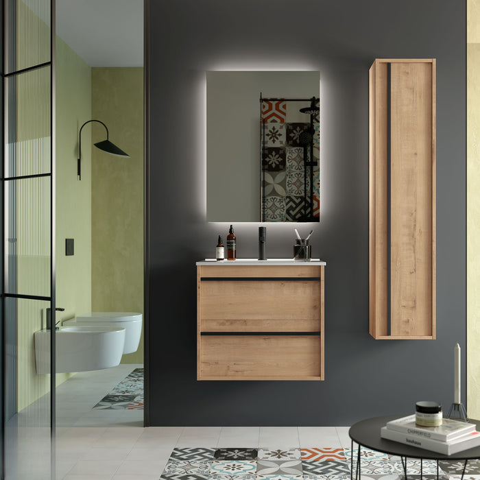 Attila Noir 600mm Wall Hung Basin Unit with Matt Black Handles - Ostippo Oak