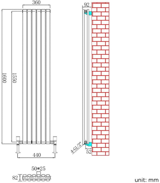 Elle 1600x360mm Anthracite Oval Double Panel Designer Radiator Vertical Radiator