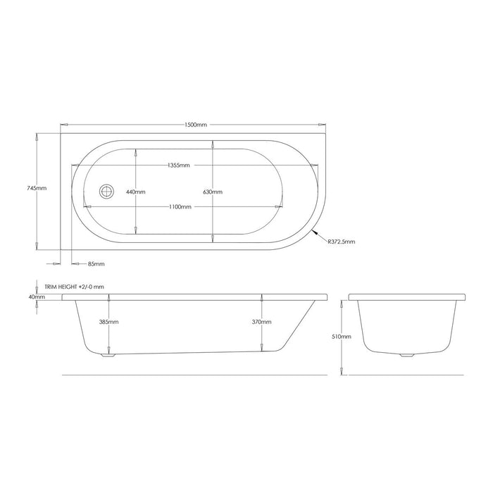 Trojan J Shape Single Ended Bath 1500 x 750mm LH