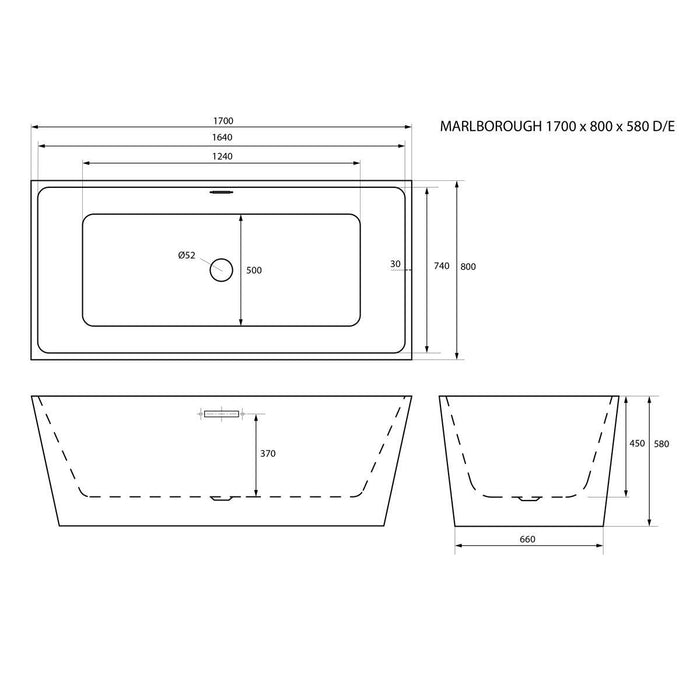 Trojan Marlborough Twin Skin Double Ended Back to Wall Bath with Waste 1700 x 800mm