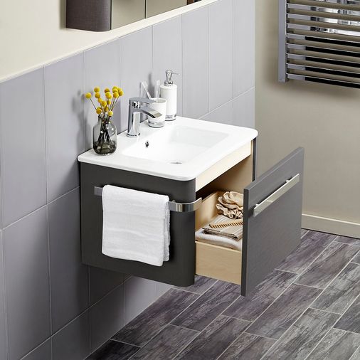 Linen Textured Grey 600 x 450mm Basin Wall Mounted Vanity Unit including Basin