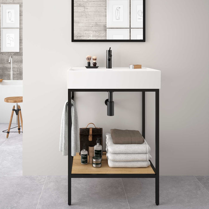 Black Vinci Noir 800mm frame Unit with Oak Shelf & Basin - 800mm x 460mm - Salgar