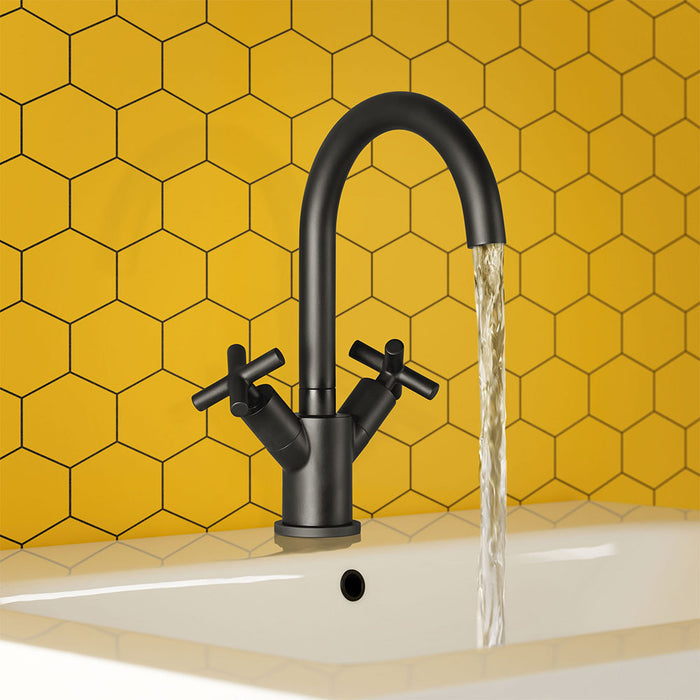 Noir Solex Crosshead Twin Handle Swivel Spout Basin Mixer Tap - Matt Black - JTP