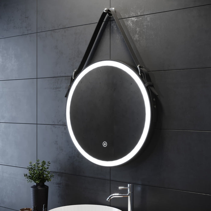 Vinci Noir LED Illuminated Round 600mm Black Frame Mirror with Black Strap Belt & Hanging Peg