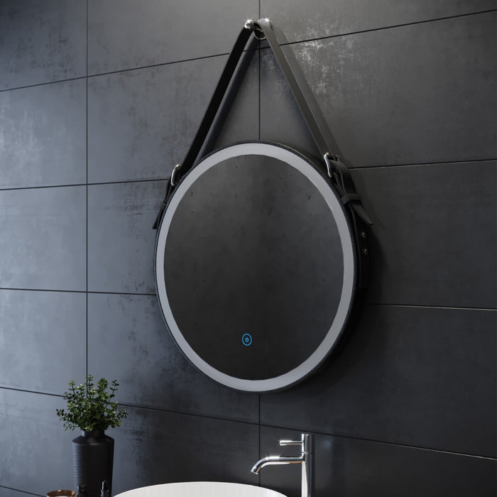 Vinci Noir LED Illuminated Round 600mm Black Frame Mirror with Black Strap Belt & Hanging Peg