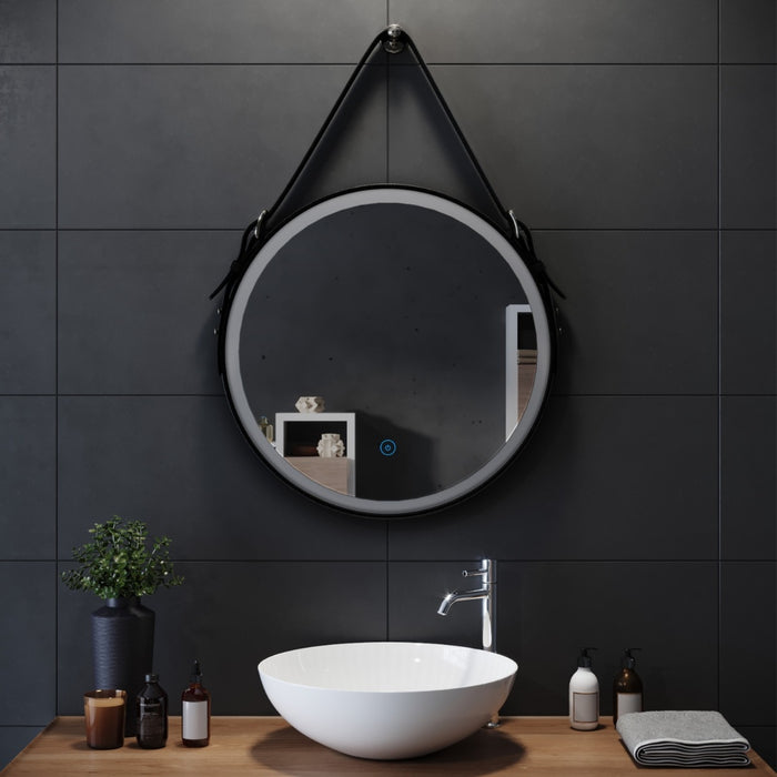 Vinci Noir LED Illuminated Round 600mm Black Frame Mirror with Black Strap Belt & Hanging Peg