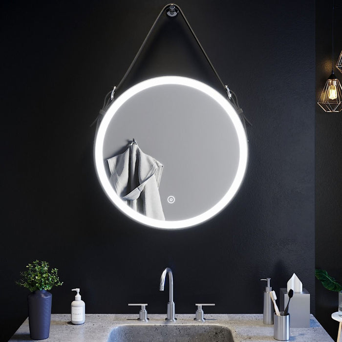 Vinci Noir LED Illuminated Round 600mm Black Frame Mirror with Black Strap Belt & Hanging Peg