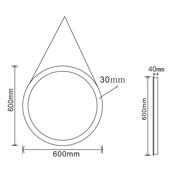 Vinci Noir LED Illuminated Round 600mm Black Frame Mirror with Black Strap Belt & Hanging Peg