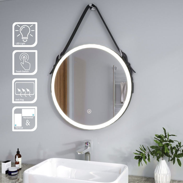 Vinci Noir LED Illuminated Round 600mm Black Frame Mirror with Black Strap Belt & Hanging Peg