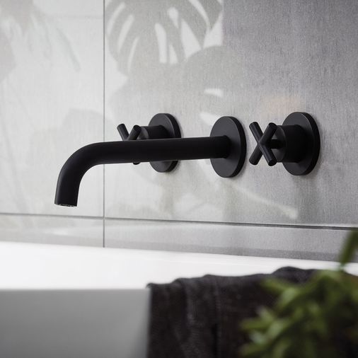 Noir Solex Matt Black 3 Hole Wall Mounted Basin Mixer Tap - Matt Black - JTP