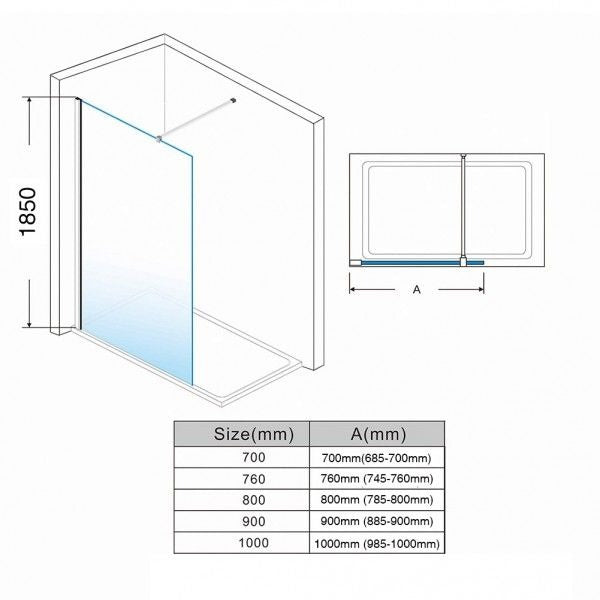Elle 1000mm Walk-In Shower Panel 6mm Tempered Glass Shower Screen