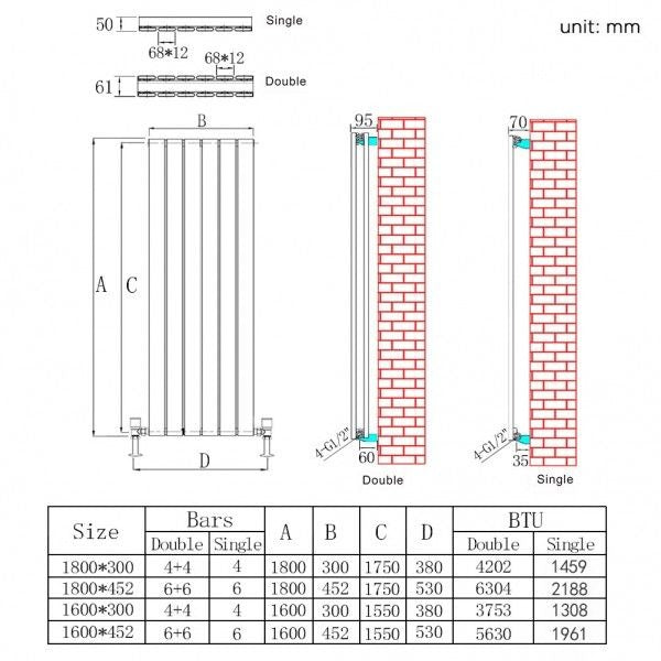 Elle 1600x452mm Designer Chrome Vertical Flat Panel Column Radiator